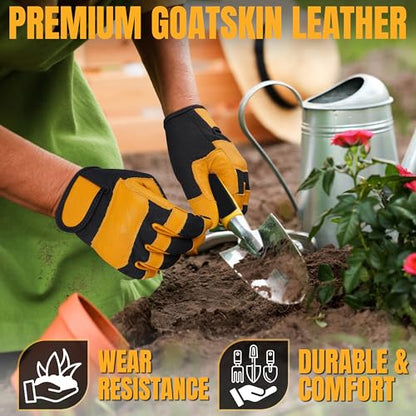 HADIZ Leather Gardening & Working Gloves Men & Women Rose Pruning Breathable Thorn Proof & Garden Tweezer Set - size: Medium