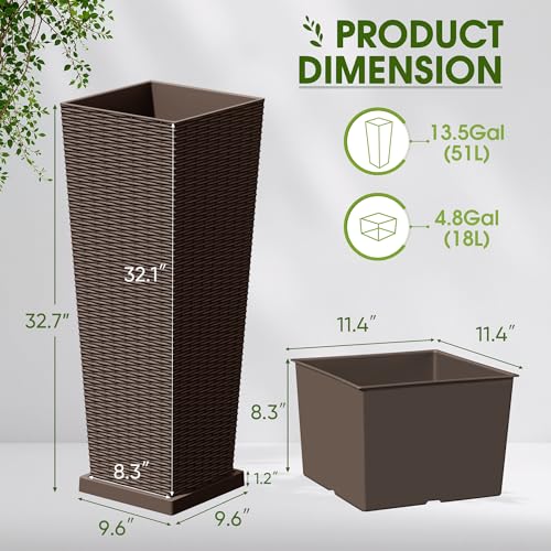 Devoko Resin 32'' Tall Planters, Large Taper Outdoor Planter - color: Brown, size: 32" With Trays