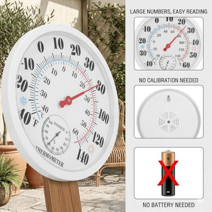 10 Inch Indoor Outdoor Thermometer Hygrometer, Wall Mount