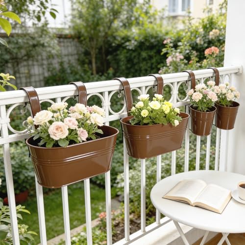 8 Pack Mixed Size Metal Railing Planters with Hanging Hooks, Chocolate - color: Chocolate, size: Oval 10"*4 + Round 4"*4