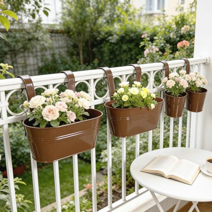 8 Pack Mixed Size Metal Railing Planters with Hanging Hooks, Chocolate - color: Chocolate, size: Oval 10"*4 + Round 4"*4