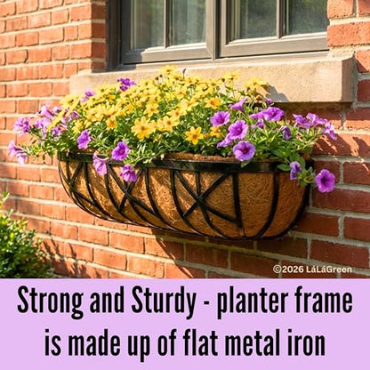 LaLaGreen 30 Inch, 2 Pack Window Boxes Planters – Black Metal Window Boxes for Outdoor Plant, Wall Mount Flower Pot with Coco Coir Liner, Attach to House Fence Balcony Herb for Patio Porch Garden - size: 30'' x 2 pack