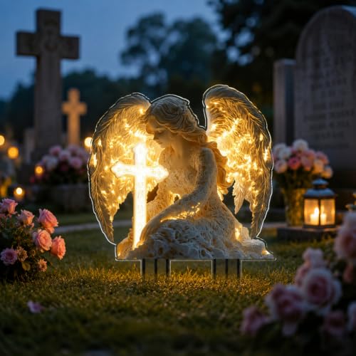 2D Flat Angel Cross Garden Stake with Glowing Light, Outdoor Yard/Lawn Decor Waterproof Acrylic Figurine Lawn Ornament, Animal Outdoor Decor for Flower Bed Patio Cemetery Holiday Yard Landscape Accent - color: Angel 1