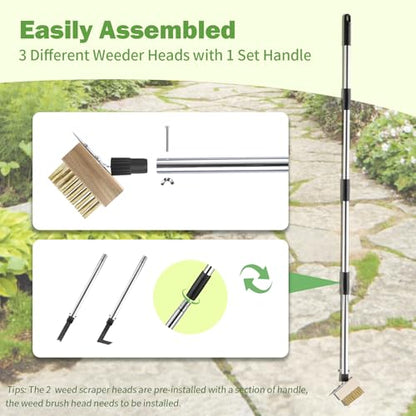 PIMEKOY Crack Weeder Tool Set, 3 Different Weed Remover Tool Head for Paver - size: 60" Long Handle