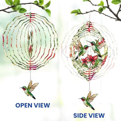 FLAGWIX Hummingbird Wind Spinner, 12 in Stainless Steel Garden Decor - color: Hummingbirds and Flowers