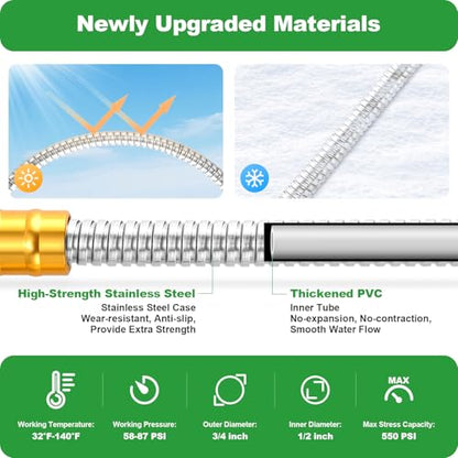 Garden Hose 50FT, Stainless Steel Metal Water Hose with 10-Function Nozzle - color: Silver