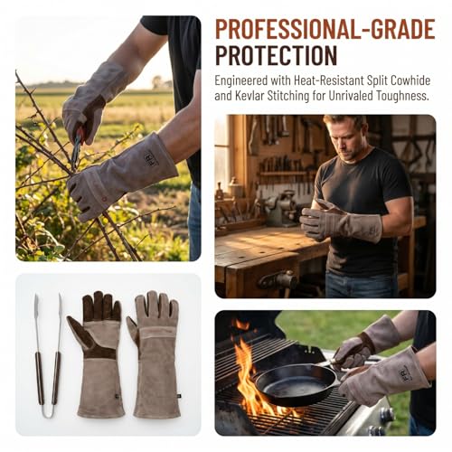 Welding Gloves -Long Sleeve Fireproof and Heat Resistant 15IN M - color: Brown 1 Pair, size: Medium