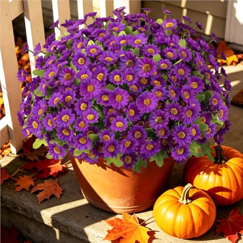 Artificial Daisy Mums for Outdoors, 12 PCS Fall Flowers, Purple - color: Purple