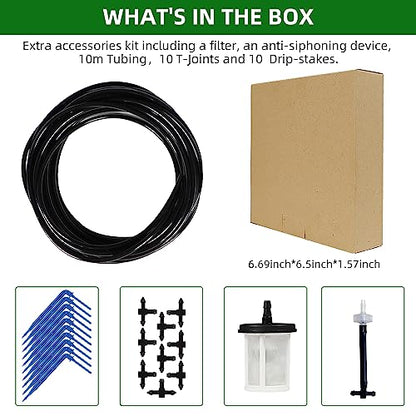 Solar Automatic Drip Irrigation Kit System, JIYANG Solar Powered Auto Easy DIY Watering Device Supported Pots Plants, 6-12 Timing Modes With Anti-Siphoning Device (Expansion Kit/Extra Accessories Kit)