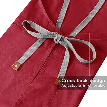 Crossback Apron with Pockets, Apron with Adjustable Straps - color: Red