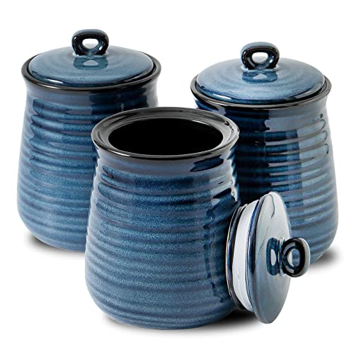 HASENSE Ceramic Food Storage Jars Set of 3,25 FL OZ Kitchen Canisters with Airtight Lids, Coffee,Tea and Sugar Containers, Farmhouse Decor for Kitchen, Blue - color: Blue-25 Oz