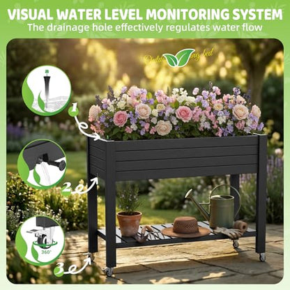 Elevated Raised Garden Bed,Outdoor Large Planter Box with Wheels & Shelf for Backyard Balcony,Dust-Proof Resin Patio Raised Bed for Herbs Flowers Vegetables(Black) - color: Black