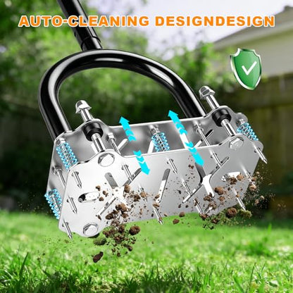 Manual Lawn Aerator Tool Heavy Duty Steel Spikes, Core Aerator with Spring-Loaded Automatic Soil Ejection, Dual-Height Adjustable Wide Foot Plate for Yard, Garden, Lawn Aeration - size: Stainless Steel C