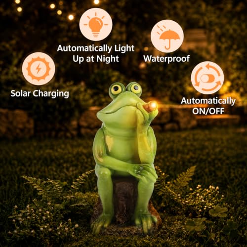 Frog Garden Statue with Solar Light for Outside, Funny Frog Figurine