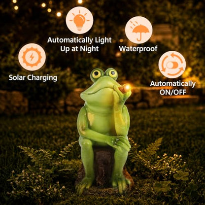 Frog Garden Statue with Solar Light for Outside, Funny Frog Figurine