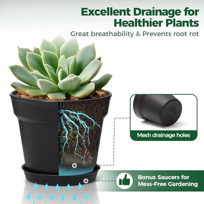 T4U Plant Pots Indoor 6 Inch 8 Pack, Plastic Flower Pots with Saucer Black - color: Black, size: 6 inch