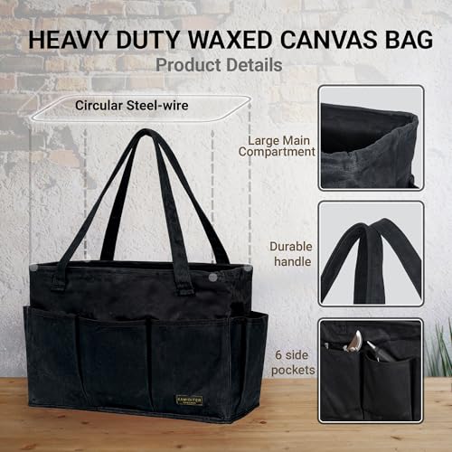 Tool Pouch, Heavy Duty 16oz Waxed Canvas Tool Bag, Rectangle Foldable Open Top Tool Bags with Handles, 10 Pockets | 15.5 x 7.5 x 10.5 Inches - color: Black, size: 15.5 Inch