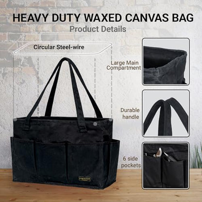 Tool Pouch, Heavy Duty 16oz Waxed Canvas Tool Bag, Rectangle Foldable Open Top Tool Bags with Handles, 10 Pockets | 15.5 x 7.5 x 10.5 Inches - color: Black, size: 15.5 Inch