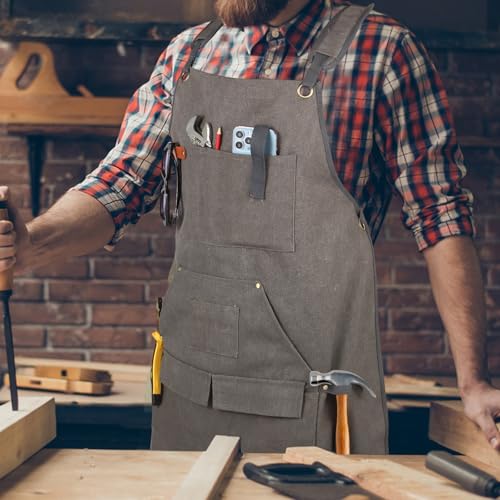 Unisex Woodworking Work Apron, 16oz Multi-Pocket Canvas Apron - color: Grey