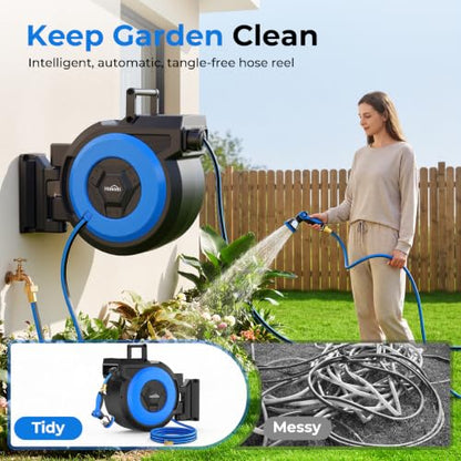 Retractable Garden Hose Reel, 1/2" x 131FT Heavy Duty Automatic Retractable Hose Reel Wall Mount, with 10- Function Sprayer Nozzle, Any Length Lock/Auto Rewind/180°Swivel - size: 130 Ft