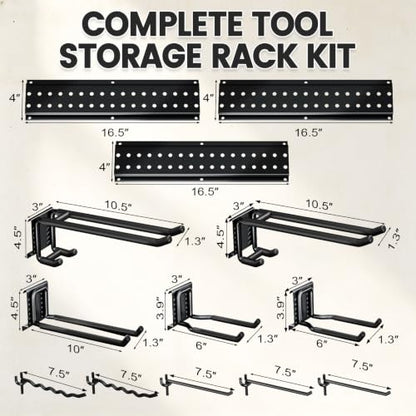 Garage Tool Organizer Wall Mount, 49.5 Inch Heavy Duty Garage Organization System with 10 Adjustable Hooks, Garden Tool Storage Rack for Garage, Yard & Shed, Holds Up to 400 lbs - size: 49.5" | 3 Panels + 10 Hooks