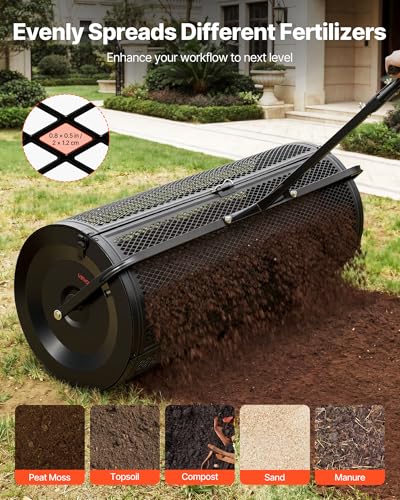 VEVOR Compost Spreader, 44" Wide Peat Moss Spreader with Push/Tow Handle, 4 Heights Adjustable, Powder-Coated Steel Garden Peat Moss Roller, Heavy Duty Grass Seed R - size: 44in