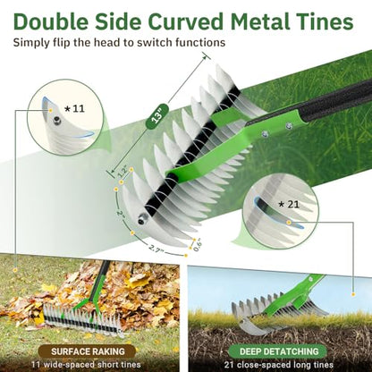 Thatch Rake, 13" Wide Efficient Dethatcher Rake with 70" Adjustable Long Handle, Heavy Duty Steel Metal Dethatching Rakes for Cleaning Dead Grass, Loosening Soil, Lawn Care in Yard Garden - size: 70"