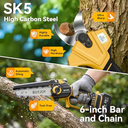 BUYJOY 4-in-1 Electric Pruning Shears & 6 Inch Pole Saw Combo - color: Yellow