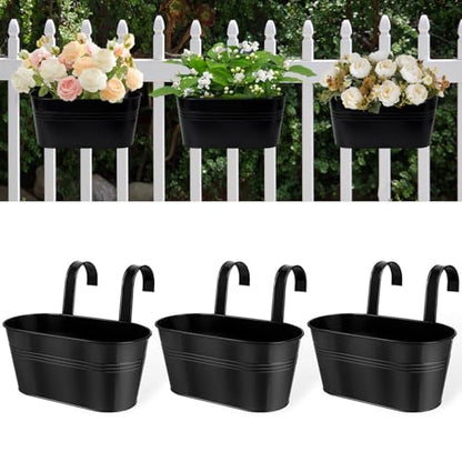 11 Inch Railing Planter Box, 3 Pack Metal Hanging Planters with Hooks