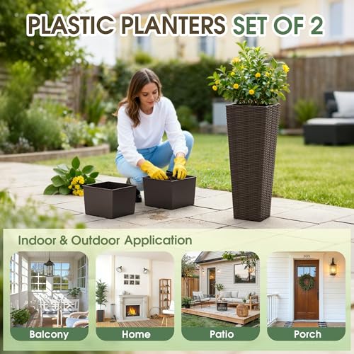 Greesum 23 Inch Tall Plastic Planters with Rattan Texture – Set of 2, Brown - color: Brown, size: 24" without Tray