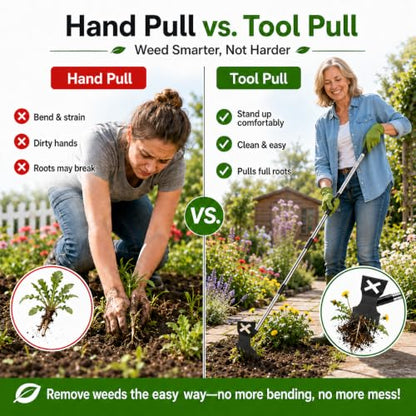 Weed Puller Tool with Long Handle, 61.4 Inch Stand Up Weeder Tool, 4-Claw Stainless Steel Weed Remover, No Bending Manual Dandelion Root Extractor for Lawn Garden Yard Patio