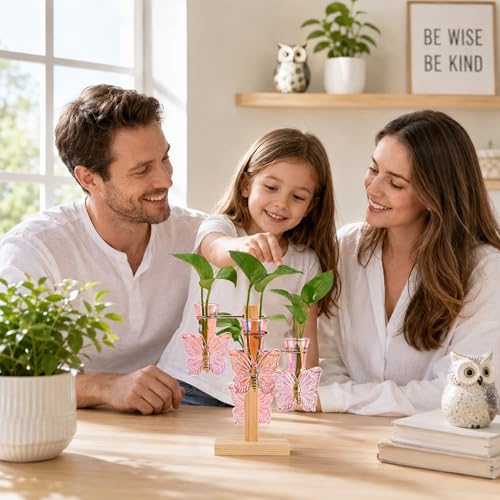 Nacome Plant Terrarium Propagation Stations: Pink Vase with Wooden Stand - color: Pink