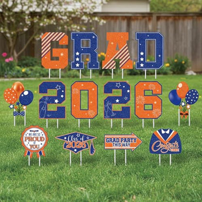 Rngmsi Graduation Yard Signs Class of 2026, 14PCS Congrats Grad 2026 Yard Sign with Stakes, Graduate Yard Decorations for College High School Outdoor Lawn Party Decor (Orange and Blue) - style: Grad 2026