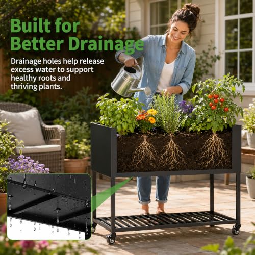 Raised Garden Bed with Wheels, 38" Metal Raised Planter Box with Legs