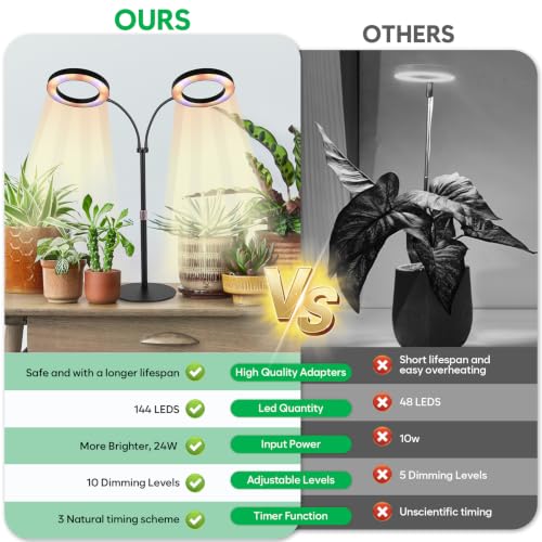 Grow Lights for Indoor Plants, 2-Head Full Spectrum & 3/9/12H Timer, Black - size: Black-23inch