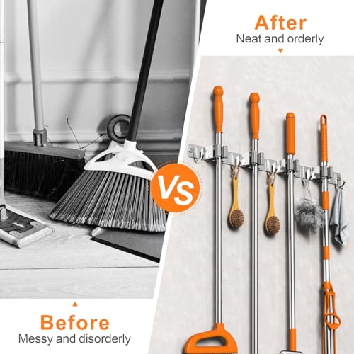 CUXIXA Mop and Broom Holder Wall Mount for Kitchen Garden Laundry Garage - color: Silver, size: 4 Racks with 5 Hooks