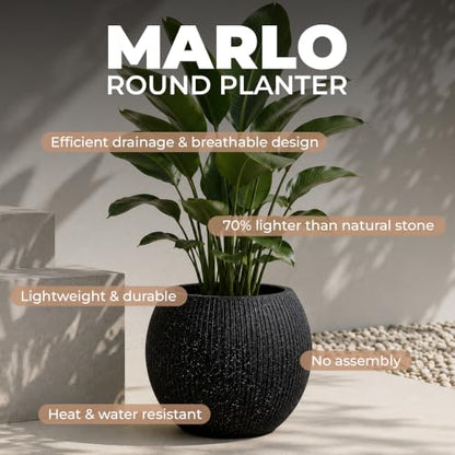 Marlo Fiberstone Round Planter, Ribbed Finishes (S, Black) - color: Ribbed Black, size: 12.6"D x 9.8"H