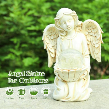 Angel Garden Statues, Outdoor Angel Holding Lotus with Crackled Glass Globe - style: Lotus
