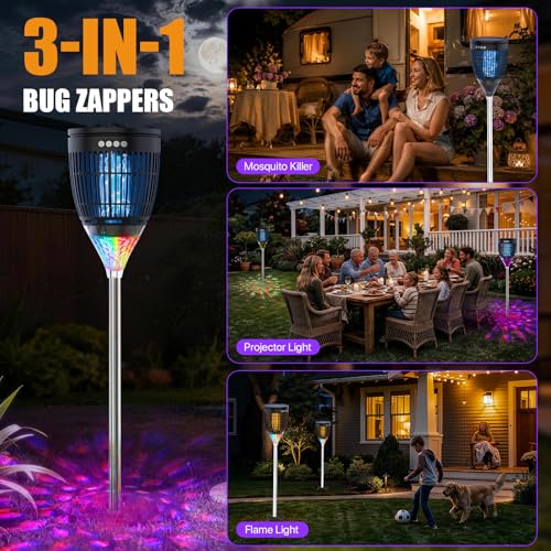 Rossetta Solar Bug Zapper Outdoor, Fly Zapper with Flame & Projector Light - color: Black