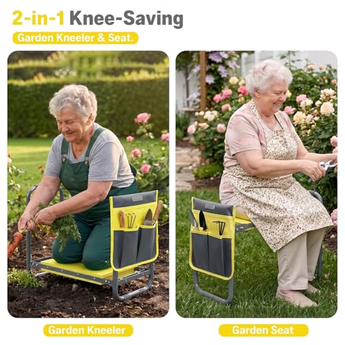 Garden Kneeler and Seat Heavy Duty, Foldable Gardening Stool Bench - color: Yellow