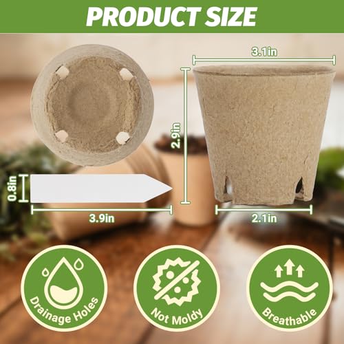 60Pcs 3.1 Inch Peat Pots - Nursery Pots with Drainage Holes for Seedlings