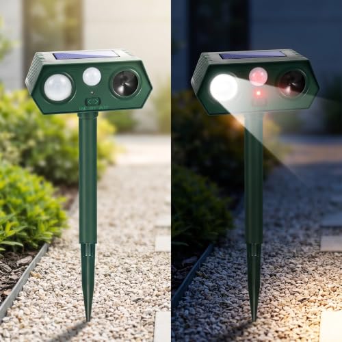 Raccoon Repellent Outdoor 2 Pack, Solar Ultrasonic Deer Animal Deterrent with 110° PIR Motion Sensor, 13.5–45.5 kHz Variable Frequency, White Flashing Light, IP65 for Rabbit Squirrel Yard Garden