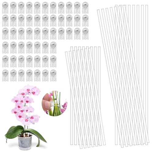 50 Pcs Plant Support Stakes Kit, 11 & 16 Inch Clear Acrylic Plant Stakes with 60 Clips, Reusable Garden Stake for Orchids, Tomatoes, Potted Flowers & Indoor Outdoor Plants