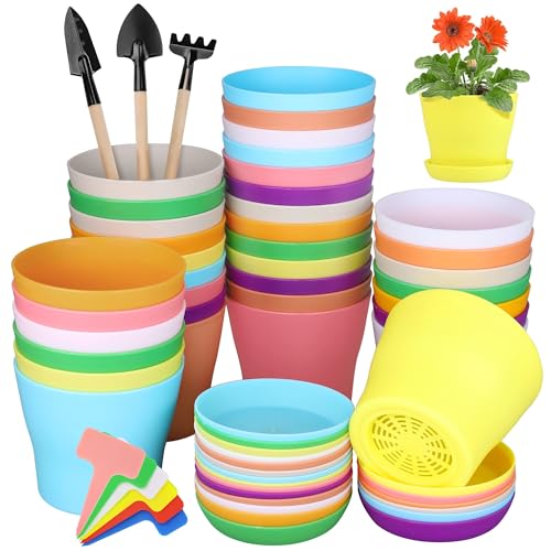 Hahood 36 Pack 4 Inch Plastic Plant Pots with Saucers Colorful Flower Plant Container Seed Starting Pots Thickened Seedlings Nursery Pots for Home Garden Indoor Outdoor Flowers, 9 Colors - color: Multicolor, size: 4 Inches