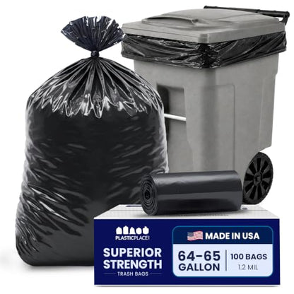 Plasticplace 64-65 Gallon Trash Can Liners for Toter │ 1.2 Mil │ Black Heavy Duty Garbage Bags │ Rolls │ 50” x 60” (100 Count) - size: 100 Count (Pack of 1)