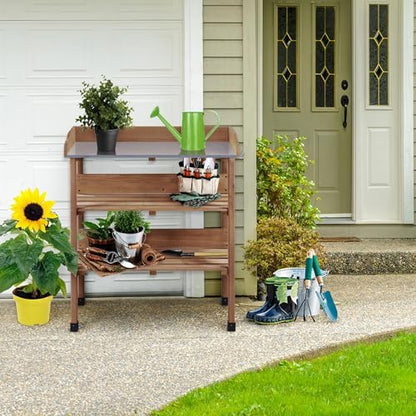 Yaheetech Potting Bench Outdoor Console Table w/3-Tier Storage,Brown - color: Brown