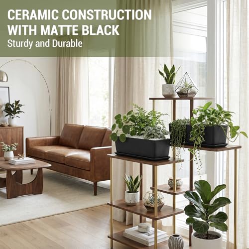 MyGift Matte Black Ceramic Indoor Plant Pot Succulent Planter, Decorative Flower Planter with Drainage Hole and Removable Tray (14 inch - 2 Pack) - size: 14 inch - 2 Pack
