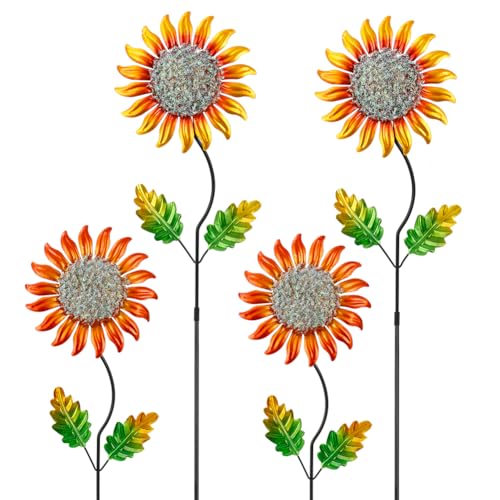 Garden Decor for Outside,4 Pcs Metal Sunflower Garden Stakes - color: Sunflower-4 Pack