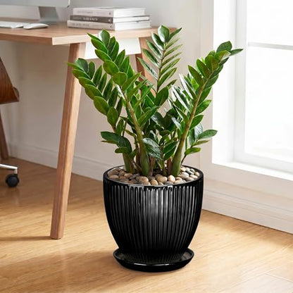 10 Inch Planter, Ceramic Plant Pots with Saucer, Black - color: Black, size: 10 Inch