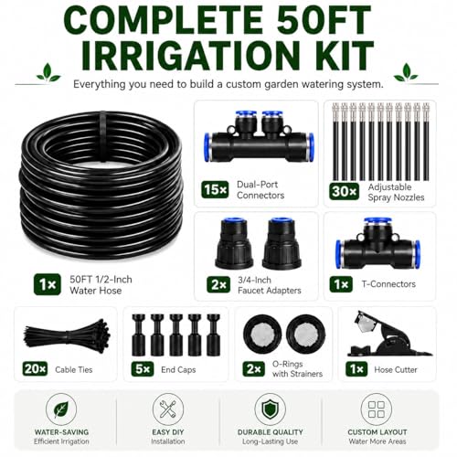 50FT High-Flow Irrigation System for Garden, 12mm Main Tubing,30 Nozzles - size: 50Ft
